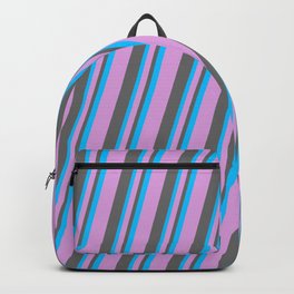 [ Thumbnail: Plum, Dim Gray, and Deep Sky Blue Colored Striped Pattern Backpack ]