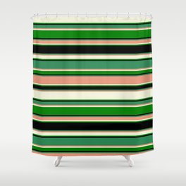 [ Thumbnail: Eye-catching Sea Green, Dark Salmon, Beige, Green, and Black Colored Lined Pattern Shower Curtain ]