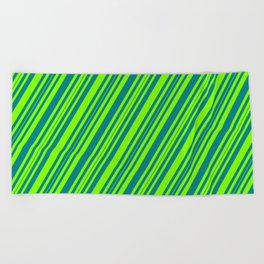 [ Thumbnail: Chartreuse & Teal Colored Stripes/Lines Pattern Beach Towel ]