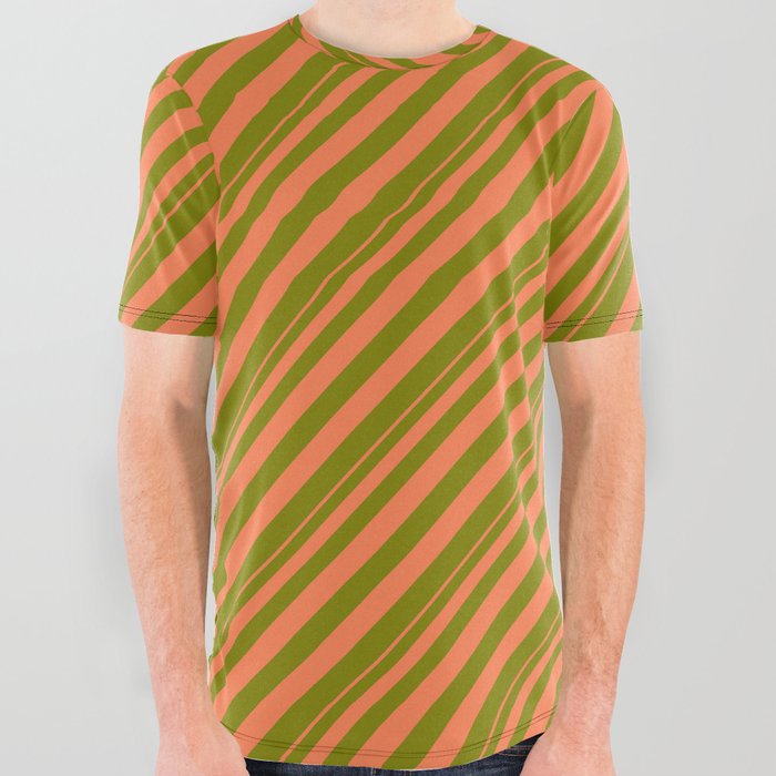 Coral & Green Colored Striped Pattern All Over Graphic Tee