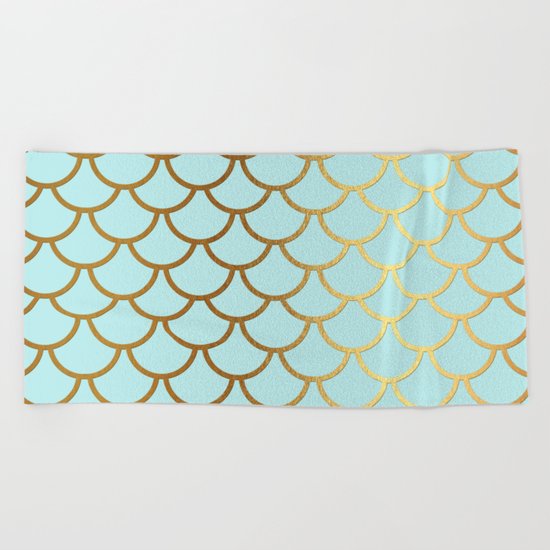 Aqua Teal and Gold Foil MermaidScales - Mermaid Scales Beach Towel