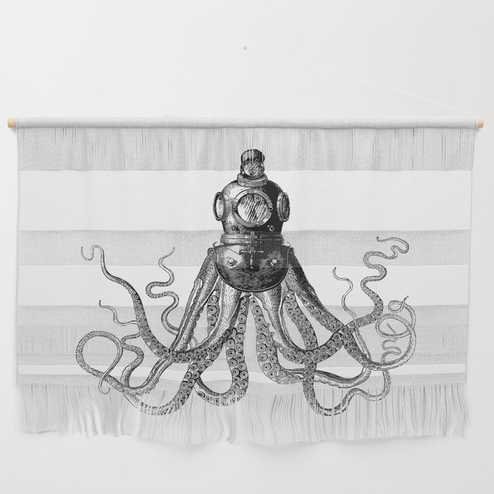 Octopus in Diving Helmet | Deep Sea Divers Helmet | Vintage Octopus | Tentacles | Black and White | Wall Hanging