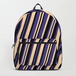 [ Thumbnail: Dark Slate Blue, Tan & Black Colored Pattern of Stripes Backpack ]