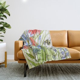 Botanical Garden Wildflowers and Bees Throw Blanket