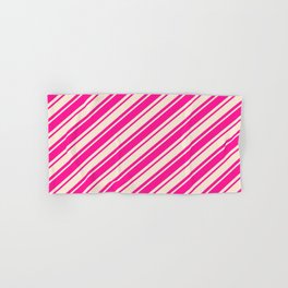 [ Thumbnail: Beige and Deep Pink Colored Striped/Lined Pattern Hand & Bath Towel ]