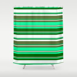 [ Thumbnail: Green, Dark Green, Mint Cream, and Dark Olive Green Colored Stripes/Lines Pattern Shower Curtain ]