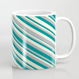[ Thumbnail: Beige, Dark Gray, and Teal Colored Pattern of Stripes Coffee Mug ]
