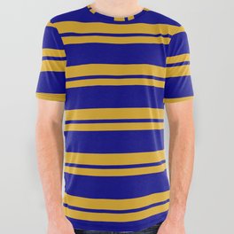 [ Thumbnail: Goldenrod & Blue Colored Striped/Lined Pattern All Over Graphic Tee ]