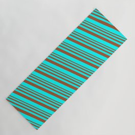 [ Thumbnail: Sienna and Cyan Colored Lined/Striped Pattern Yoga Mat ]