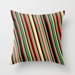 [ Thumbnail: Vibrant Pale Goldenrod, Sea Green, Dark Salmon, Maroon, and Black Colored Striped Pattern Throw Pillow ]