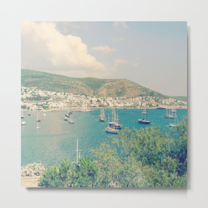 Retro aqua blue sea bay in Bodrum view with sailing boats from St.Peter's Castle Metal Print