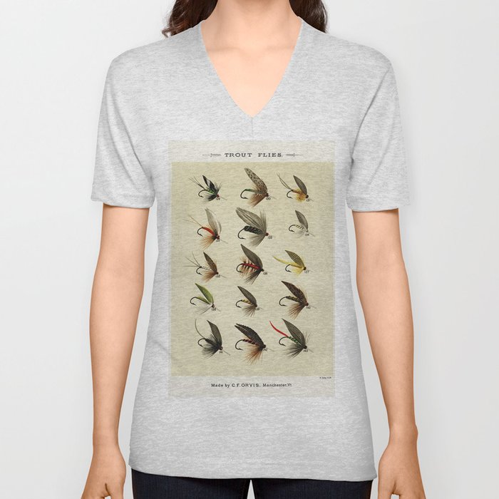Vintage Fly Fishing Print - Trout Flies V Neck T Shirt by SFT Design Studio