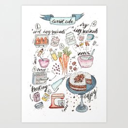 Carrot Cake Recipe Illustration Art Print | Recipeillustration, Carrotcakerecipe, Sweettooth, Ink, Kitchendecoration, Desserts, Food, Foodie, Foodillustration, Painting 