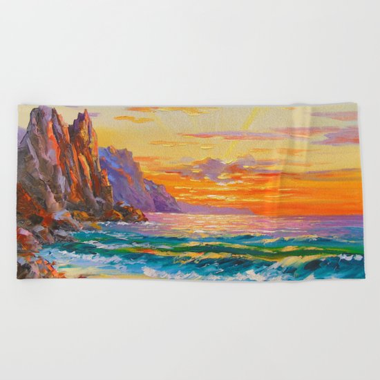 Sunset on the rocky shore Beach Towel