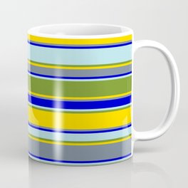 [ Thumbnail: Colorful Powder Blue, Green, Yellow, Slate Gray & Blue Colored Striped Pattern Coffee Mug ]