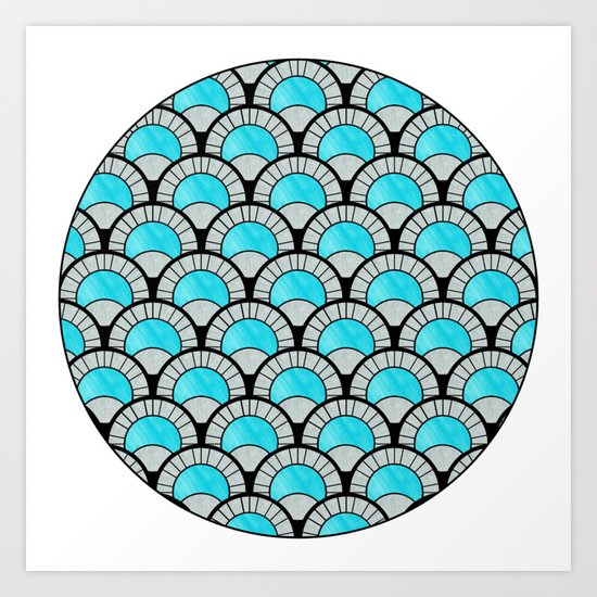 Aqua Art Deco Twenties Fan Pattern Art Print