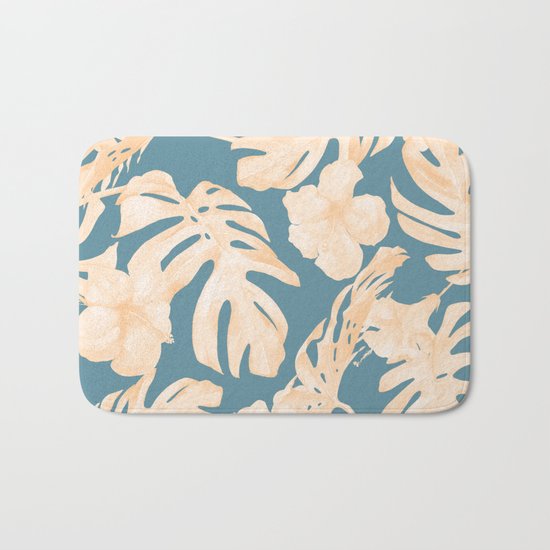 Island Vacay Hibiscus Palm Leaf Coral Teal Blue Bath Mat