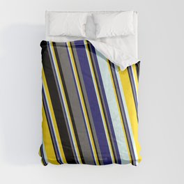 [ Thumbnail: Yellow, Light Cyan, Midnight Blue, Dim Grey & Black Colored Striped Pattern Comforter ]