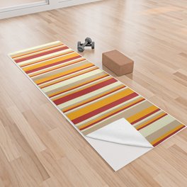 [ Thumbnail: Light Yellow, Red, Orange, and Tan Colored Striped/Lined Pattern Yoga Towel ]