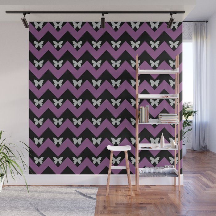 Black And Purple Zigzag Chevron And Butterfly Pattern Wall Mural