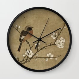 Bird on Flowering Branch - Japanese Watercolor Wall Clock | Floral, Robin, Asia, Watercolor, Silk, Tapestry, Japanese, Asian, Flower, Bird 
