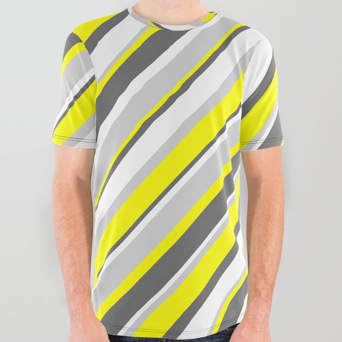 Yellow, Dim Gray, White & Light Grey Colored Stripes Pattern All Over Graphic Tee