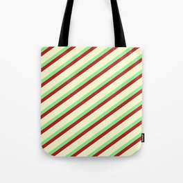 [ Thumbnail: Light Green, Red, and Light Yellow Colored Lined/Striped Pattern Tote Bag ]
