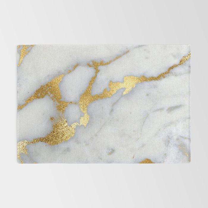 White and Gray Marble and Gold Metal foil Glitter Effect Rug by UtART