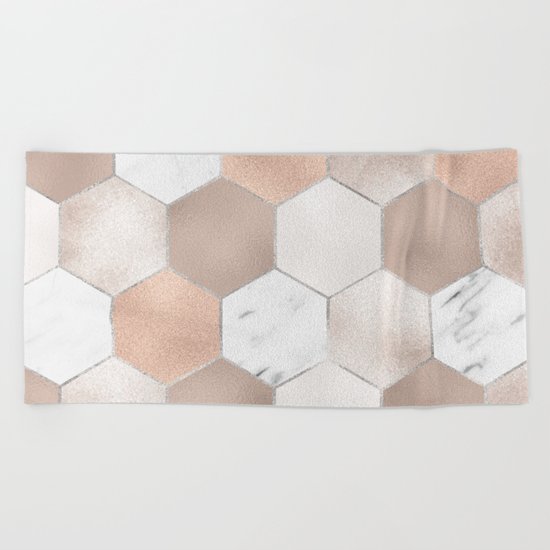 Rose pearl and marble hexagons Beach Towel