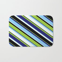 [ Thumbnail: Colorful Green, Midnight Blue, Light Sky Blue, Mint Cream, and Black Colored Lined/Striped Pattern Bath Mat ]