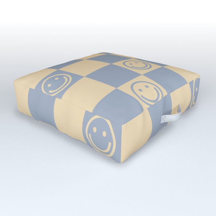 Cute Smiley Faces on Checkerboard \\ Neutral Color Palette Outdoor Floor Cushion