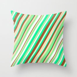 [ Thumbnail: Eye-catching Green, Sienna, Tan, Light Green, and Mint Cream Colored Striped/Lined Pattern Throw Pillow ]