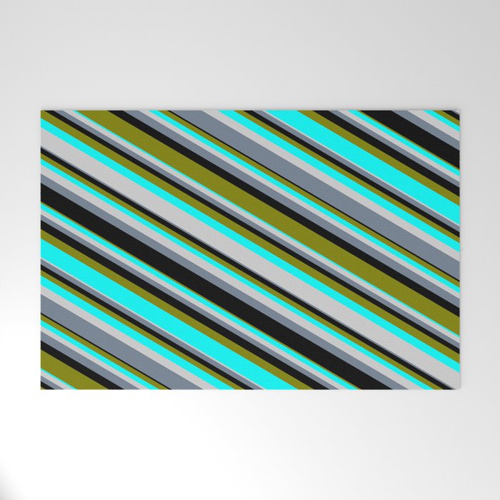 Colorful Black, Green, Aqua, Light Gray, and Slate Gray Colored Stripes/Lines Pattern Welcome Mat