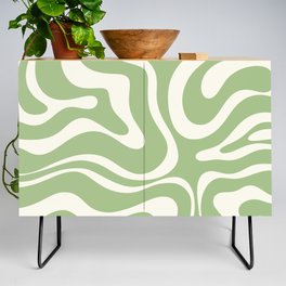 Modern Liquid Swirl Abstract Pattern in Light Sage Green and Cream Credenza