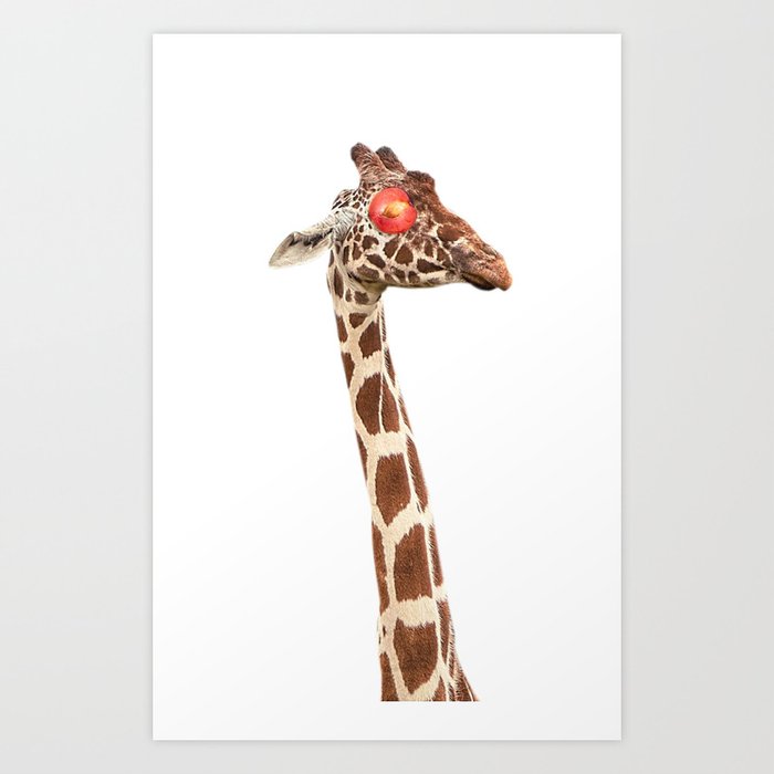 Relaxing Giraffe with fruits mask in white Art Print