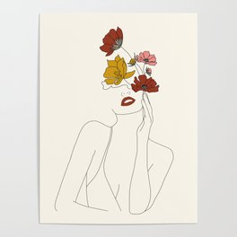 Colorful Thoughts Minimal Line Art Woman with Flowers Poster