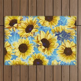 Dreamy Sunflowers on Blue Outdoor Rug