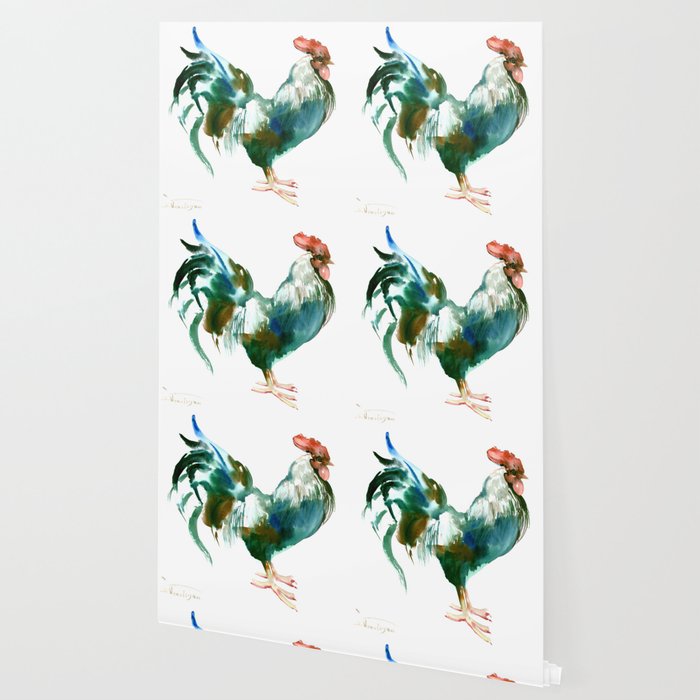 Rooster Turquoise Blue Brown Kitchen Art Wallpaper By Sureart