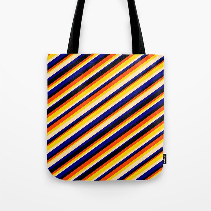 Eye-catching Red, Yellow, Beige, Blue & Black Colored Striped Pattern Tote Bag