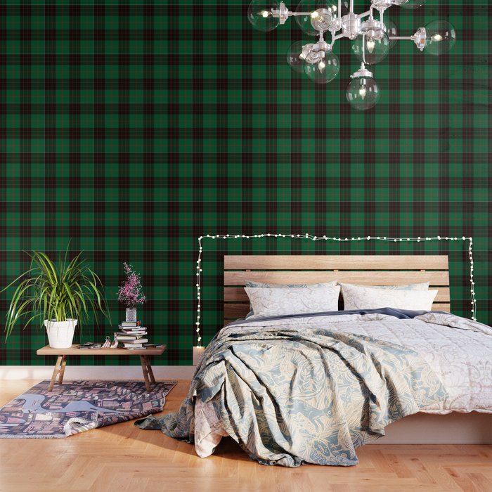 Dark Green Tartan with Black and Red Stripes Wallpaper