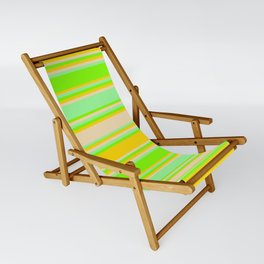 [ Thumbnail: Green, Chartreuse, Yellow & Tan Colored Stripes/Lines Pattern Sling Chair ]