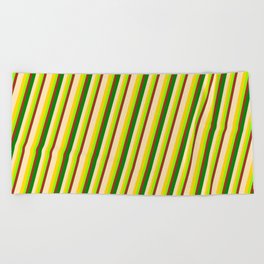 [ Thumbnail: Vibrant Beige, Yellow, Chartreuse, Red & Green Colored Pattern of Stripes Beach Towel ]