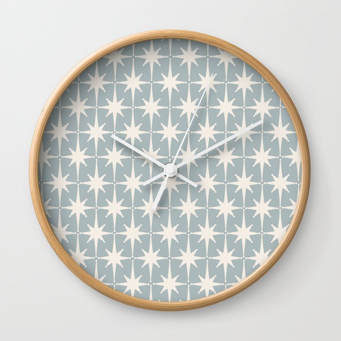 Midcentury Modern Atomic Starburst Pattern in Light Blue Gray and Cream Wall Clock