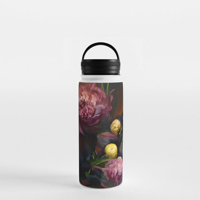 Peonies in Pink and Black Water Bottle