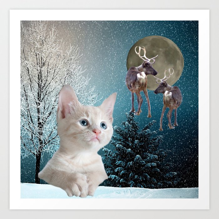 White Cat and Reindeers Art Print