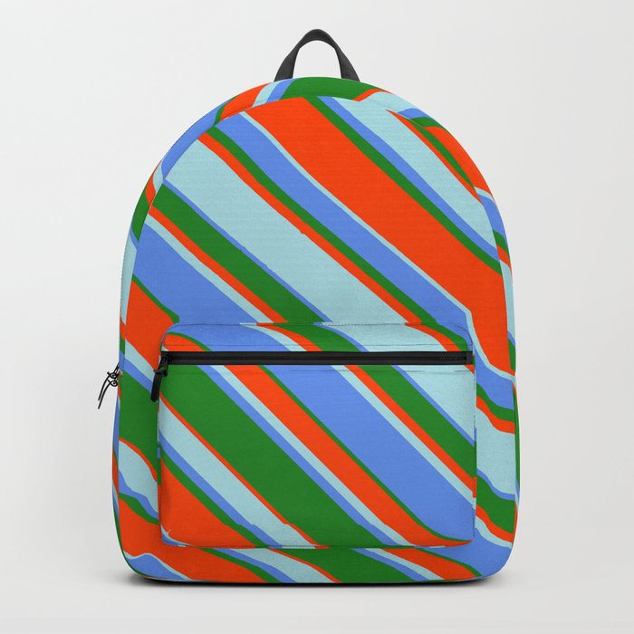 Cornflower Blue, Forest Green, Red, and Powder Blue Colored Lines Pattern Backpack