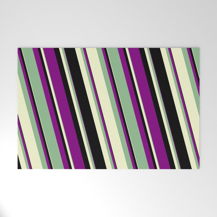 Purple, Dark Sea Green, Light Yellow & Black Colored Lines/Stripes Pattern Welcome Mat