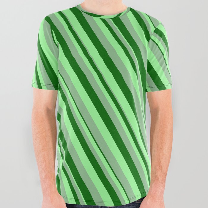 Dark Sea Green, Dark Green & Green Colored Lines/Stripes Pattern All Over Graphic Tee