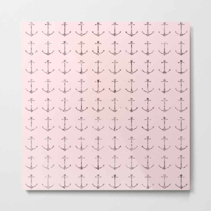 Blush Pink Rose Gold Nautical Anchors Metal Print