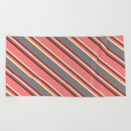 [ Thumbnail: Light Coral, Tan, Gray & Brown Colored Striped Pattern Beach Towel ]